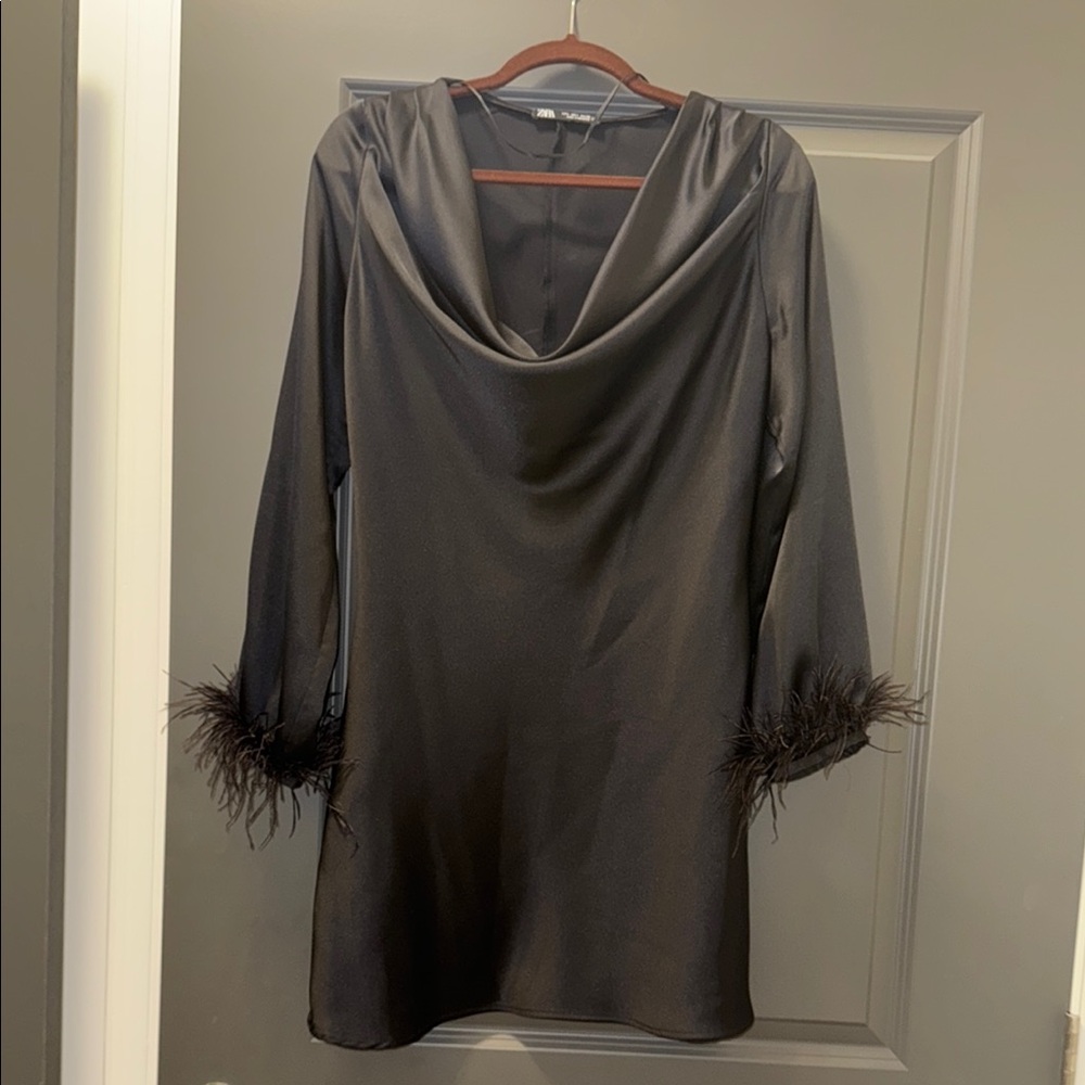 Zara Black Mini Dress with Feather Cuffs